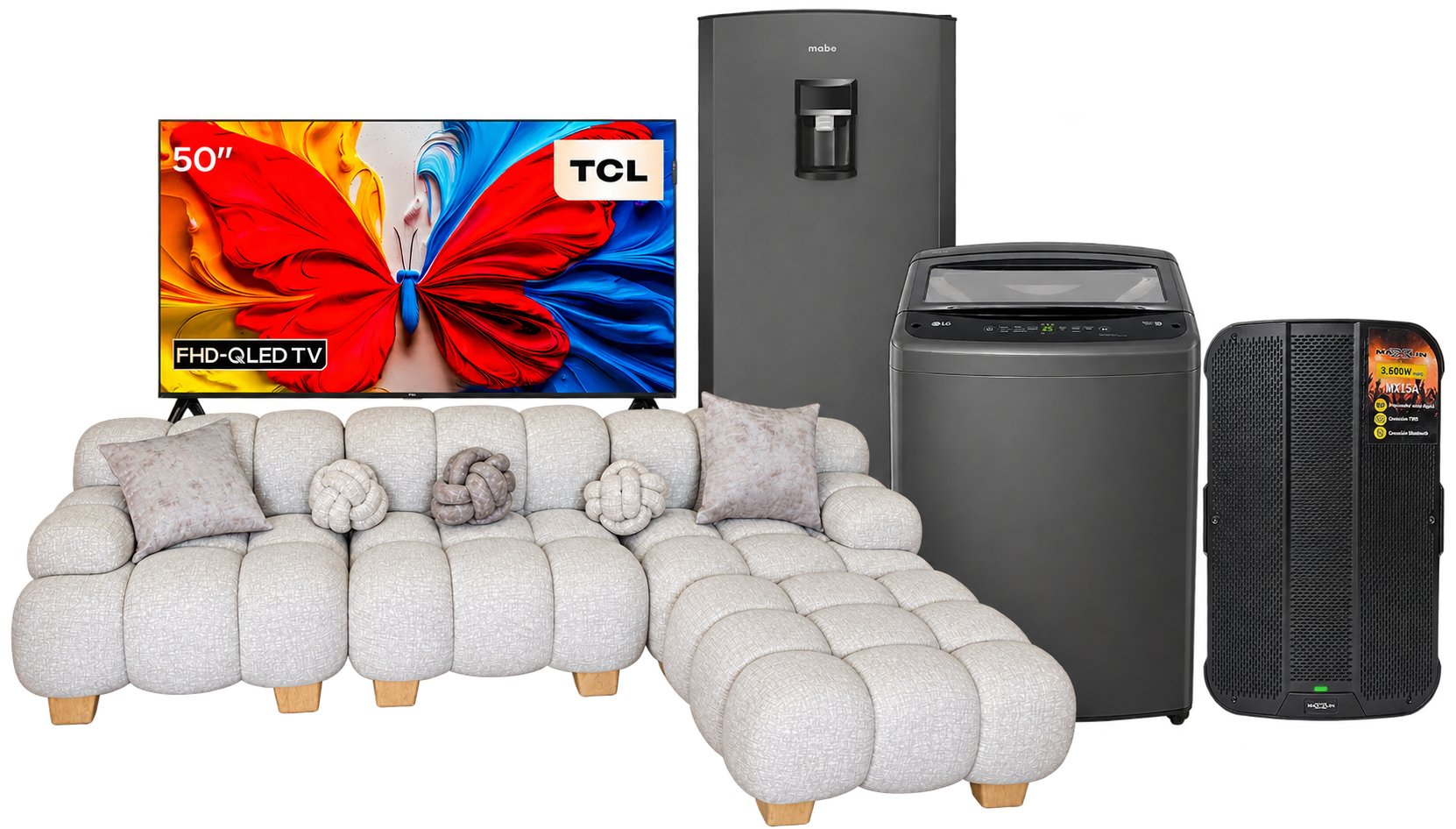 Televisor TCL de 50 pulgadas, nevera Mabe, lavadora LG, juego de sala y cabina activa Maxlin MX15A